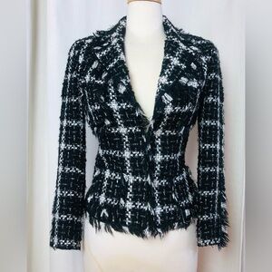 Angel Nina Tweed Jacket Black White Plaid Fringe Cropped Blazer Sz 38 US 6 Chic